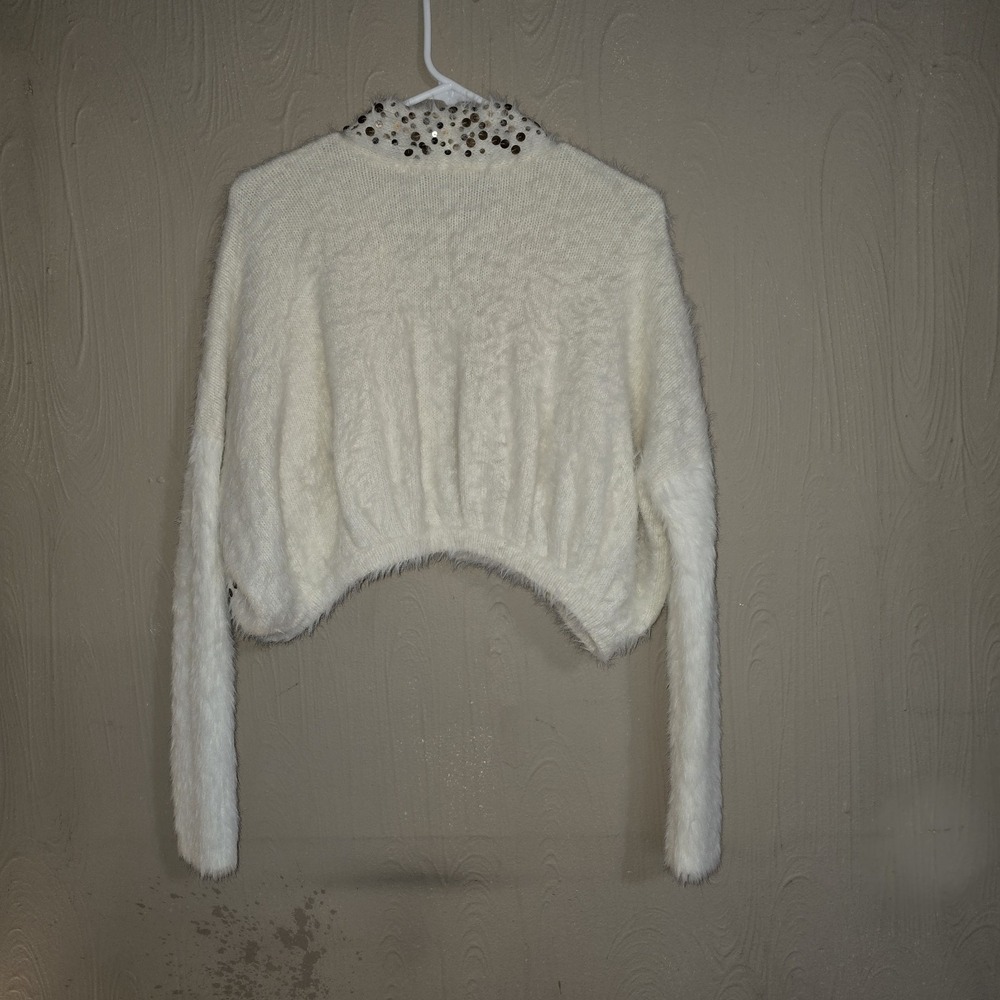 NWT Anthropologie Ivory Fuzzy Sequin Open Cardigan Cropped Eyelash Knit Med - Picture 2 of 9